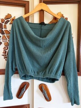 Urban Outfitters Teal Ribbed Cropped Cowl-Neck  Long Sleeve Blouse